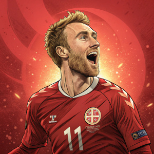 Digital art featuring Christian Eriksen in cartoon style. Vibrant red background with fiery glow. Celebrating FIFA World Cup 2022.