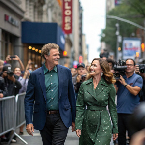 Will Ferrell and Jessica Elbaum walking down a busy city street during a promotional event for their new project.