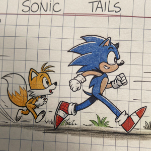 Graph paper sketch. Sonic the Hedgehog and Tails in a detailed doodle. Handwritten notes on side.