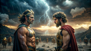 imagen completa  Diomedes y Glauco se encuentran en el campo de batalla, Foto realista,RealVisXl, Hiperrealista,4k , fondo tormentoso.