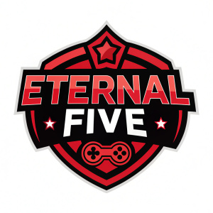 The 'Eternal Five' eSports team logo, featuring vibrant red and black color scheme. Custom designed text