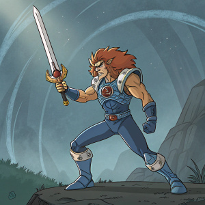 Illustration of Lion-O from Thundercats. Muscular build, blue outfit, fierce expression, holding Sword of Omens.