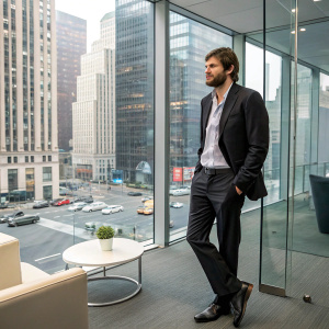 Ashton Kutcher in a sleek, modern office. White man with beard. Glass walls, contemporary furniture, and state-of-the-art technology. Background is a bustling cityscape.
