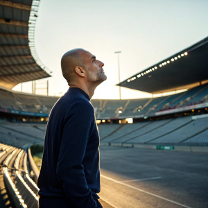 Pep Guardiola, wearing a casual navy blue sweater, standing alone in an empty stadium. Late afternoon sun casts long shadows