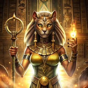 VISUAL MANGA/ COMICS / EGYPT/ EGYPTIAN MYTHOLOGY

Sekhmet the lioness-headed goddess stands proudly against a background of ancient Egyptian hieroglyphics. Her mane frames her fierce face, while her eyes exude divine power. In her right hand, she brandishes the Egyptian ankh, while in her left, she rests the eye of Udjat amulet.
