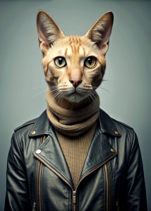 "Create a visual representation of a human-cat hybrid wearing contemporary street fashion, seamlessly blending realistic facial features with feline characteristics."













