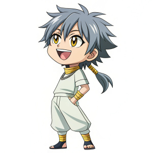 Judal from Magi, youthful character, digital illustration. Gray hair, smiling face. Light clothing, stark white background.