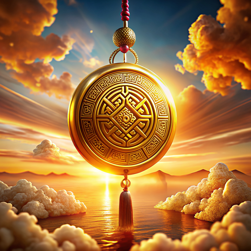 golden chinese amulet in the air on a white background