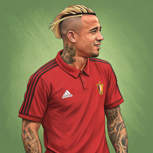 Radja Nainggolan, soccer player, at a casual event. Wearing a red Adidas shirt, blonde hair with streaks, tattoos visible. Green background