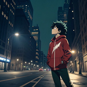 Izuku Midoriya, wearing a red jacket with a white lightning bolt, standing alone on a deserted city street at night.