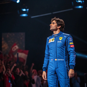 Carlos Sainz, wearing a blue Ferrari racing suit, standing on a dimly lit stage at the Formula 1 Awards ceremony. The background is blurred with cheering fans