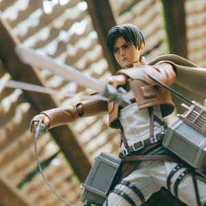 Eren Yeager from Attack on Titan, dynamic stance, detailed armor. Dark, abstract background