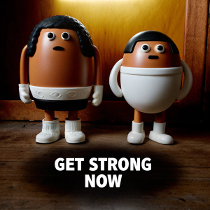 Vector illustration. Two cartoon characters, one with a buff physique and another with a slimmer build, both standing against a plain yellow backdrop. Bold, black text reading 'GET STRONG NOW' at the bottom.