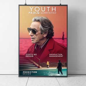 Film poster for 'Youth' directed by Paolo Sorrentino. Rich color palette, showcasing credits for costume design, production management, and production design.