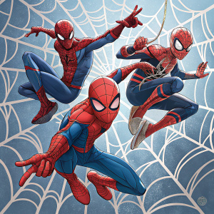 Multiple Spider-Man characters in action poses. Dynamic background with repetitive web pattern. Promotional Marvel Comics image.