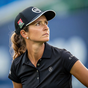 Azahara Munoz, in a black polo shirt and baseball cap with a logo, looks intense. Blurred sports arena background.