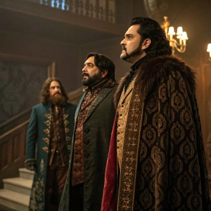 Cast of 'What We Do in the Shadows 2' in ornate costumes. Dimly lit studio with warm lighting. Rich fabrics and detailed patterns.
