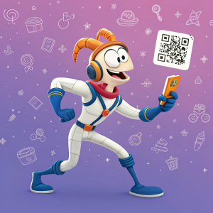 Digital illustration featuring Earthworm Jim in an energetic stance, vibrant background filled with small icons and QR code. Combines 3D elements and digital art, playful and detailed character design.