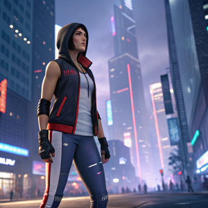 Faith Connors from Mirror's Edge Catalyst, dressed in athletic gear, intense expression. Standing on the bustling city streets, surrounded by skyscrapers and neon lights.
