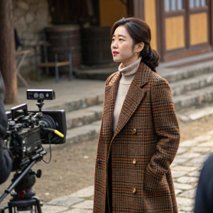 Hwang Bo-reum-byeol, a talented actress of East Asian descent, dressed in a brown plaid tweed jacket with a turtleneck, standing outdoors on a rustic stone-paved area. The scene shows a film set with camera equipment in the foreground.