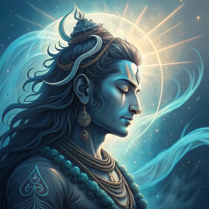 Digital illustration of Lord Shiva. Blue gradient background with swirling light rays. Modern and stylized art style.