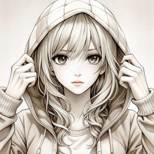 девушка аниме снимает капюшон, black line art