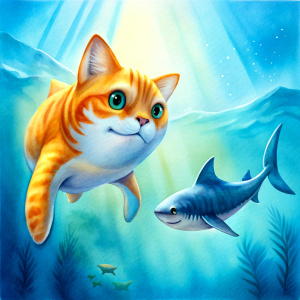 CAT UNDER WATER WITH SHARK