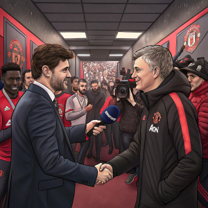 Mauricio Pochettino and Ole Gunnar Solskjaer sharing a handshake in a crowded stadium corridor. Post-match interviews section.