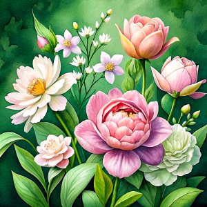 watercolor image ,Pink white Peonies Snowdrop, Watsonia, daffodil, cockscomb, Damarion, Common Crape Myrtle., Ranunculus viburnum, wax flower, dandelion, geranium , watercolor , watercolor