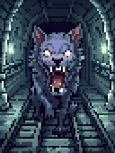 dark zombie wolf, scary, biting, dark train tunnel background