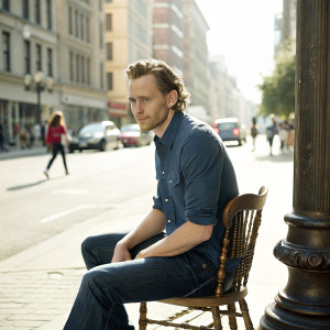 Tom Hiddleston, sitting on a vintage wooden chair. Wearing a casual blue shirt and jeans. The backdrop is a sunny, bustling city street.