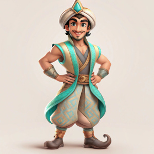 Aladdin, in oriental boots, full-length, cartoon character, handsome young, in winter clothes with oriental ornaments, smiling, with high detail, without background