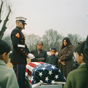 A solemn military funeral at Arlington National Cemetery. Marine in formal uniform, white hat. Yesenia Mendoza, a Hispanic woman, in formal attire, with a somber expression. Children in attendance. American flag folded with respect. Attendees focused on the ceremony.