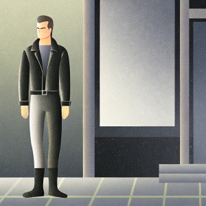 Nick Zano, as Nate Heywood from 'DC's Legends of Tomorrow', standing alone in a dark room. He is dressed in a black leather jacket and tight jeans, giving a stern look.