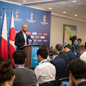 A bald man with a serious expression speaking at the FIFA World Cup press conference.