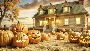 Halloween background with pumpkins and haunted house - 3D render. Halloween background with Evil Pumpkin. 