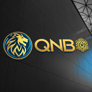 The Qatar National Bank logo, a blend of geometric shapes and vibrant colors, dominates a sleek, black background. Blue and gold hues evoke strength and elegance, with 'QNB' prominently displayed in bold, futuristic font.