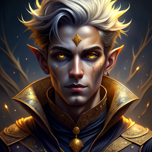 sorcerer young adult, gold eyes with smile, piercing