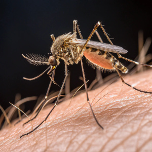A tiny mosquito, with its hairy legs spread and antennae erect, perched on human skin. Dark, featureless background.