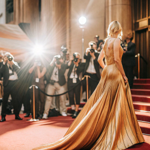 Diane Kruger on the Oscars red carpet, wearing an exquisite gold dress with a long train. Surrounded by paparazzi and flashing lights.