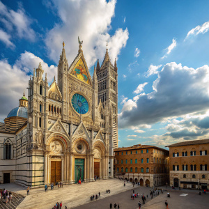 Siena Cathedral, an architectural marvel. Detailed facade, vibrant colors, stained glass windows. Blue sky with fluffy clouds. Surrounding medieval buildings, bustling cobblestone streets.