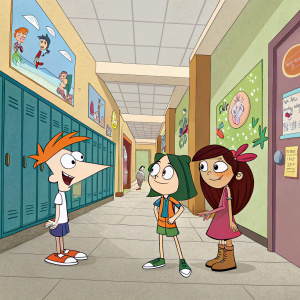 Phineas, Ferb, Isabella, and a character with brown hair at a school hallway, surrounded by posters and lockers, setting for the show Phineas and Ferb.