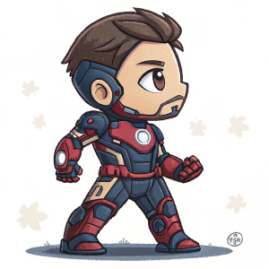 A cute chibi-style pixel art illustration of Tony Stark's Iron Man suit. Dark blue and red colors. Digital painting