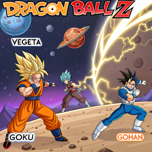 Illustration of Dragon Ball Z characters in unique battle poses. Background: stylized space battle scene. Vibrant colors, labels identifying characters