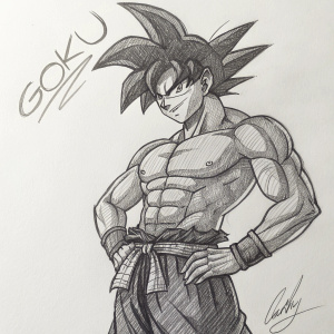 A detailed pencil sketch of a muscular Goku from Dragon Ball Z. Posing confidently. The drawing features intricate linework showcasing his physique. Artist's signature in the bottom right corner.