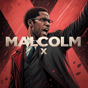Movie poster for 'Malcolm X', featuring Denzel Washington. Vibrant red and black color scheme. Bold X-shaped graphic.