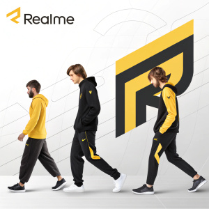Evolution of Realme logo, showcasing various stages from inception to the final design featuring bold yellow and black colors.