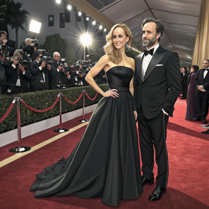 Kim Raver and Manuel Boyer at a glitzy Hollywood gala. Red carpet event, Kim in strapless black evening gown, Manuel in black tuxedo.