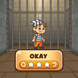 Cartoony game main menu featuring a jail theme. Horizontal bars in the background. A cartoon character stands in the middle with playful instructions. An 'OKAY' button prompts the player to proceed.