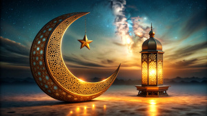 islamic greetings ramadan kareem card design with crescent and lantern